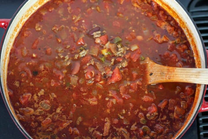 Cooking chili in a large pot