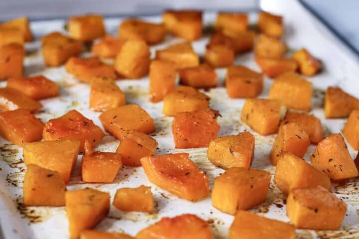 Roasted Butternut Squash on a sheet pan. 