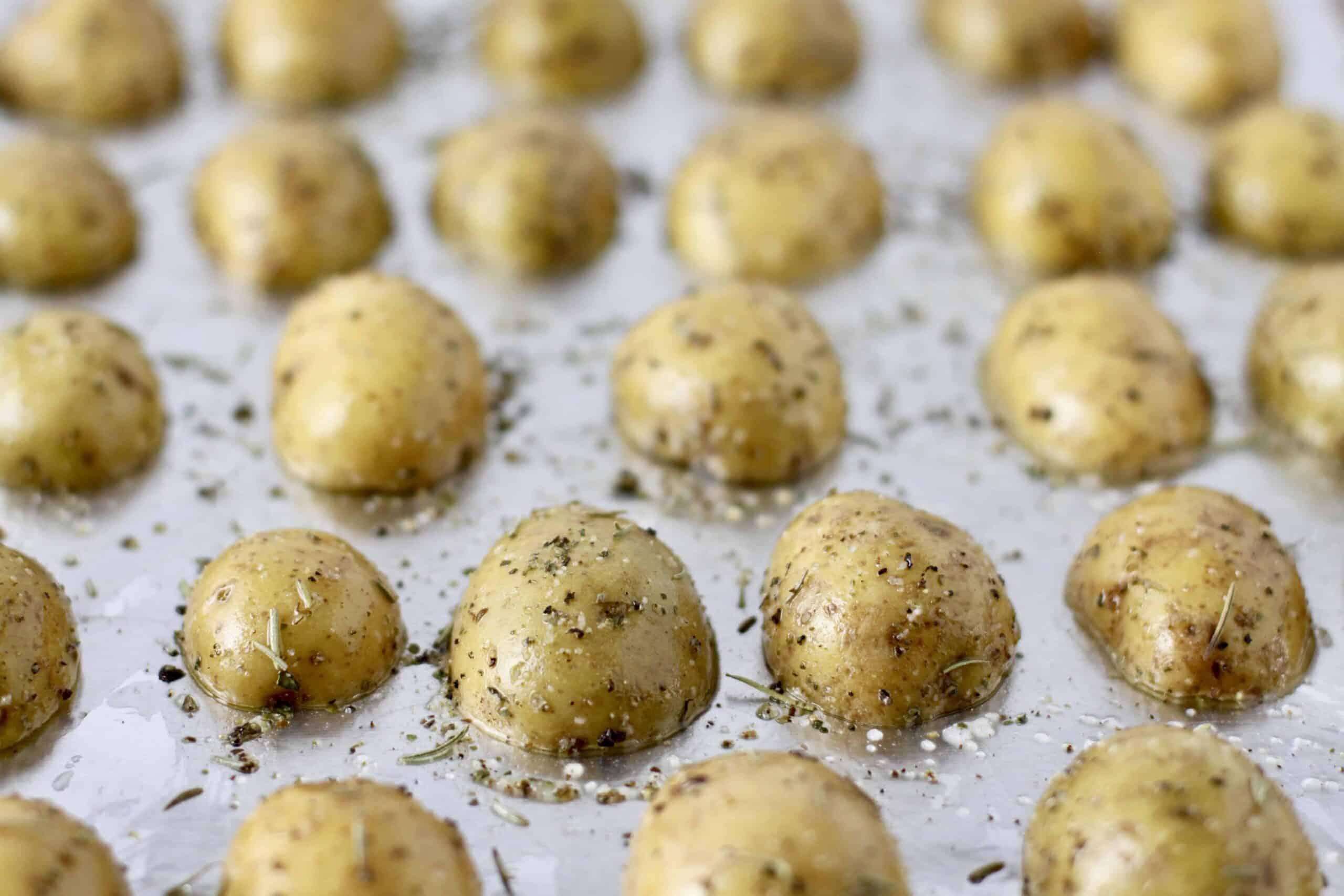 Baby potatoes on a sheet pan. 