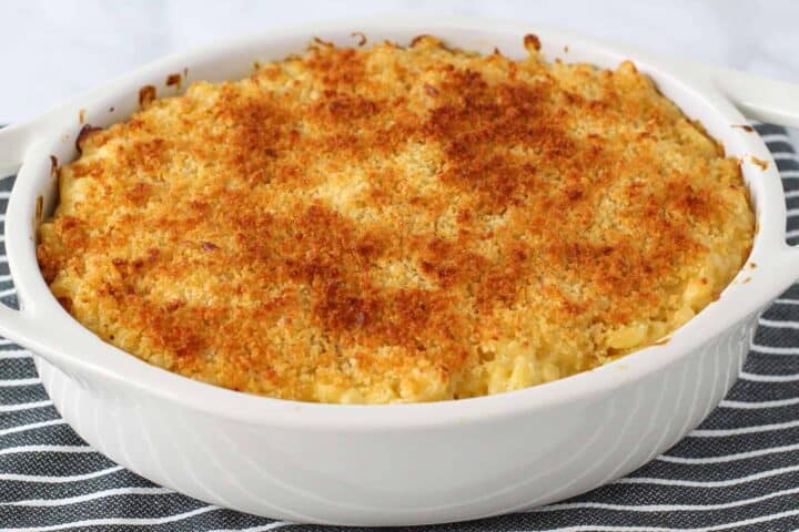 A casserole dish of baked macaroni and cheese. 