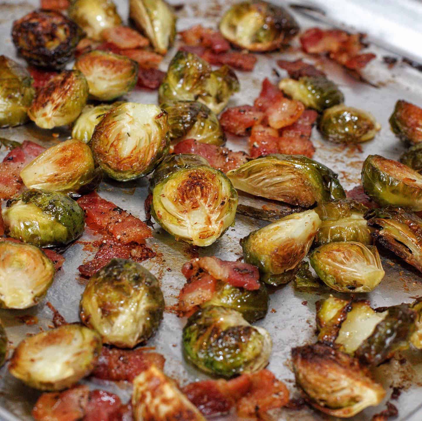 Close up image of the finished Brussels sprouts and crispy bacon.