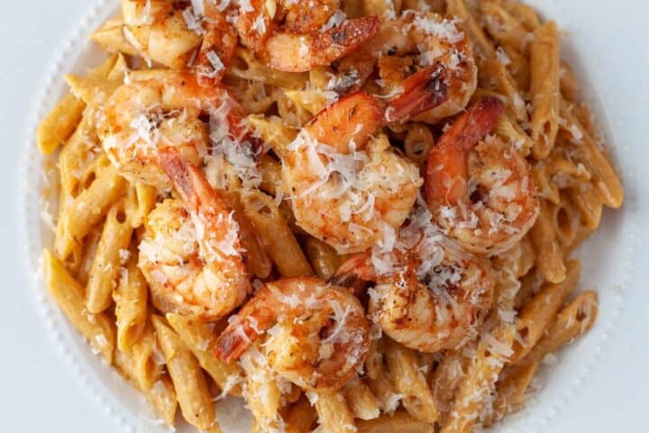 Overhead view of a plate of Cajun shrimp pasta/