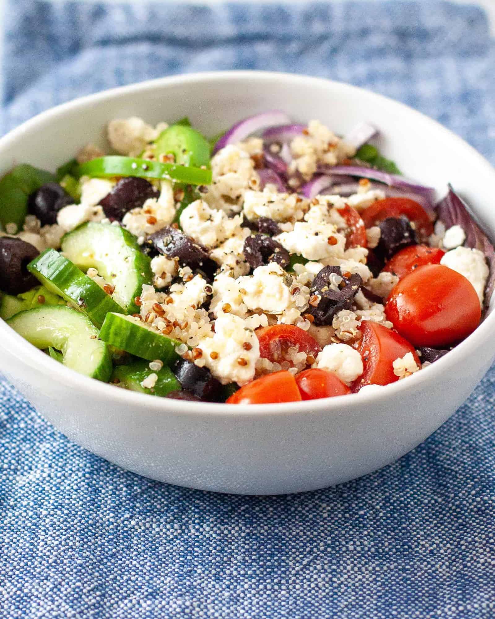 Close up side angle view of the completed salad.