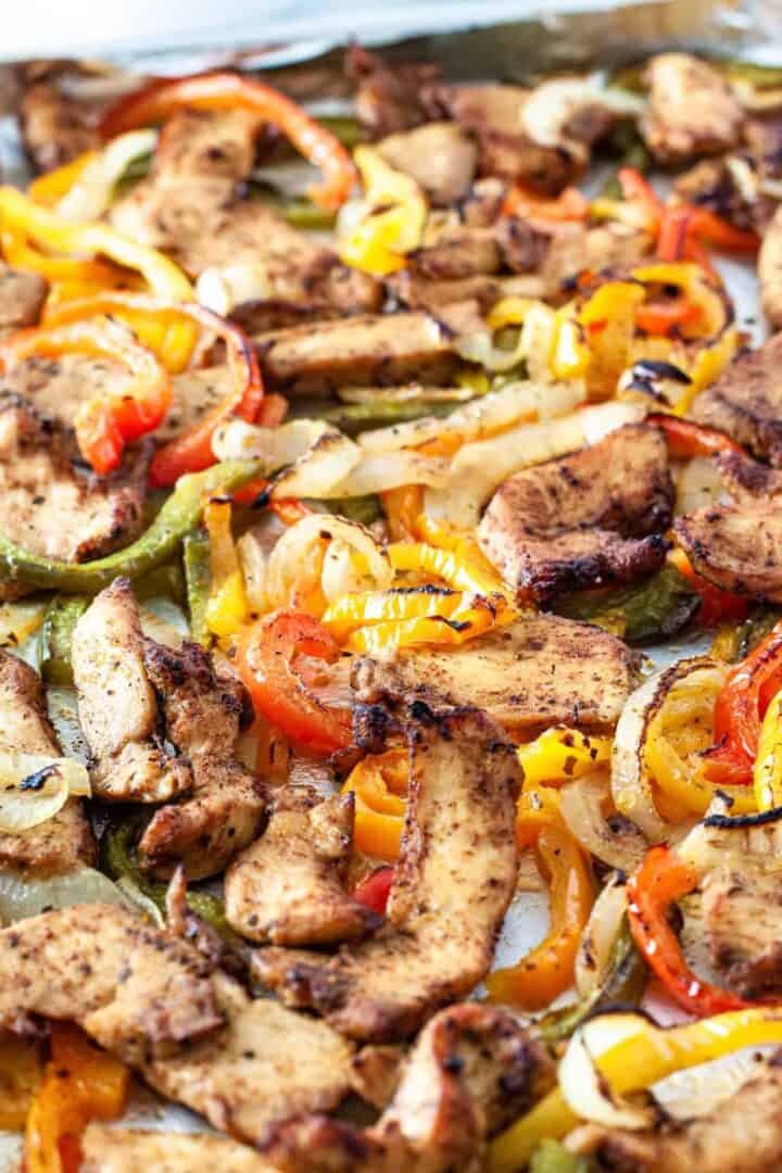 Cooked sheet pan chicken fajitas. 