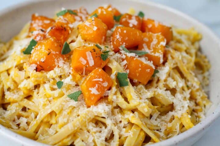 A serving of creamy roasted butternut squash pasta