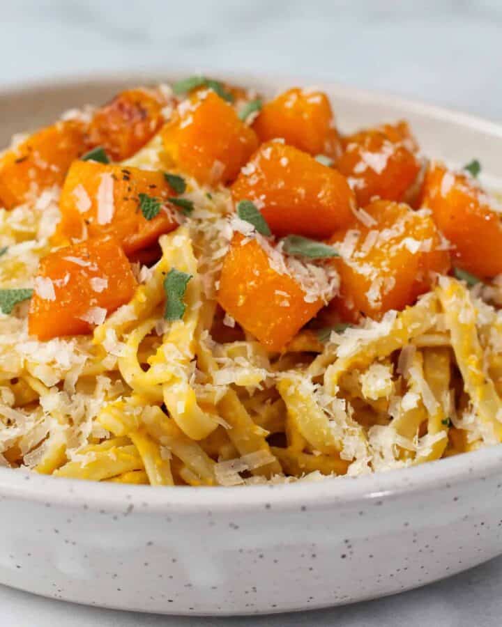 A bowl of roasted butternut squash pasta.