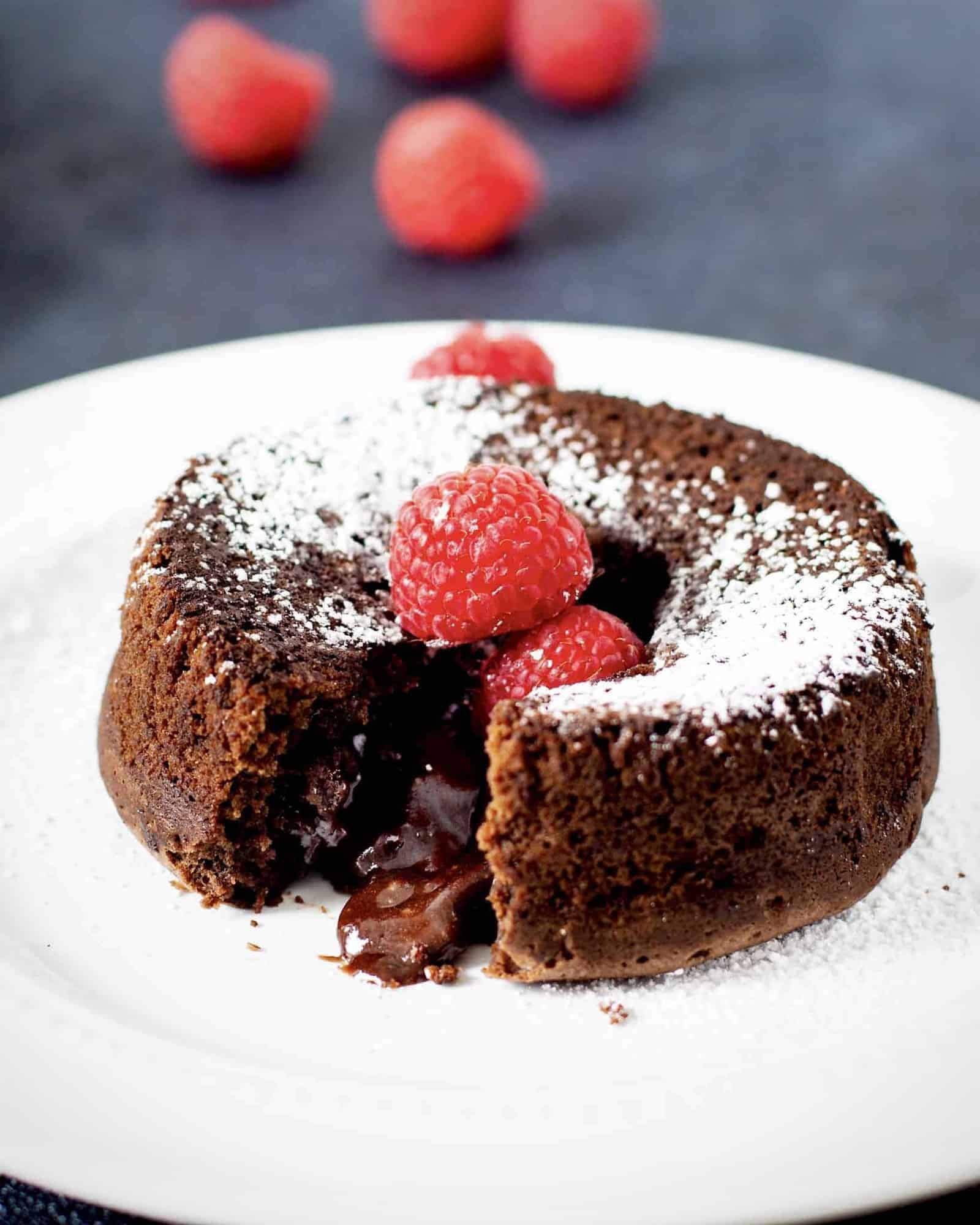 molten chocolate lava cake with filling oozing out