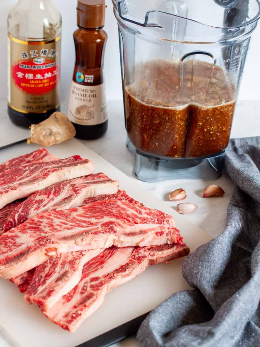 Ingredients for Asian short ribs on a counter.