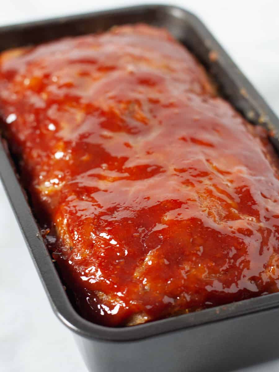 Glazed turkey meatloaf in loaf pan.