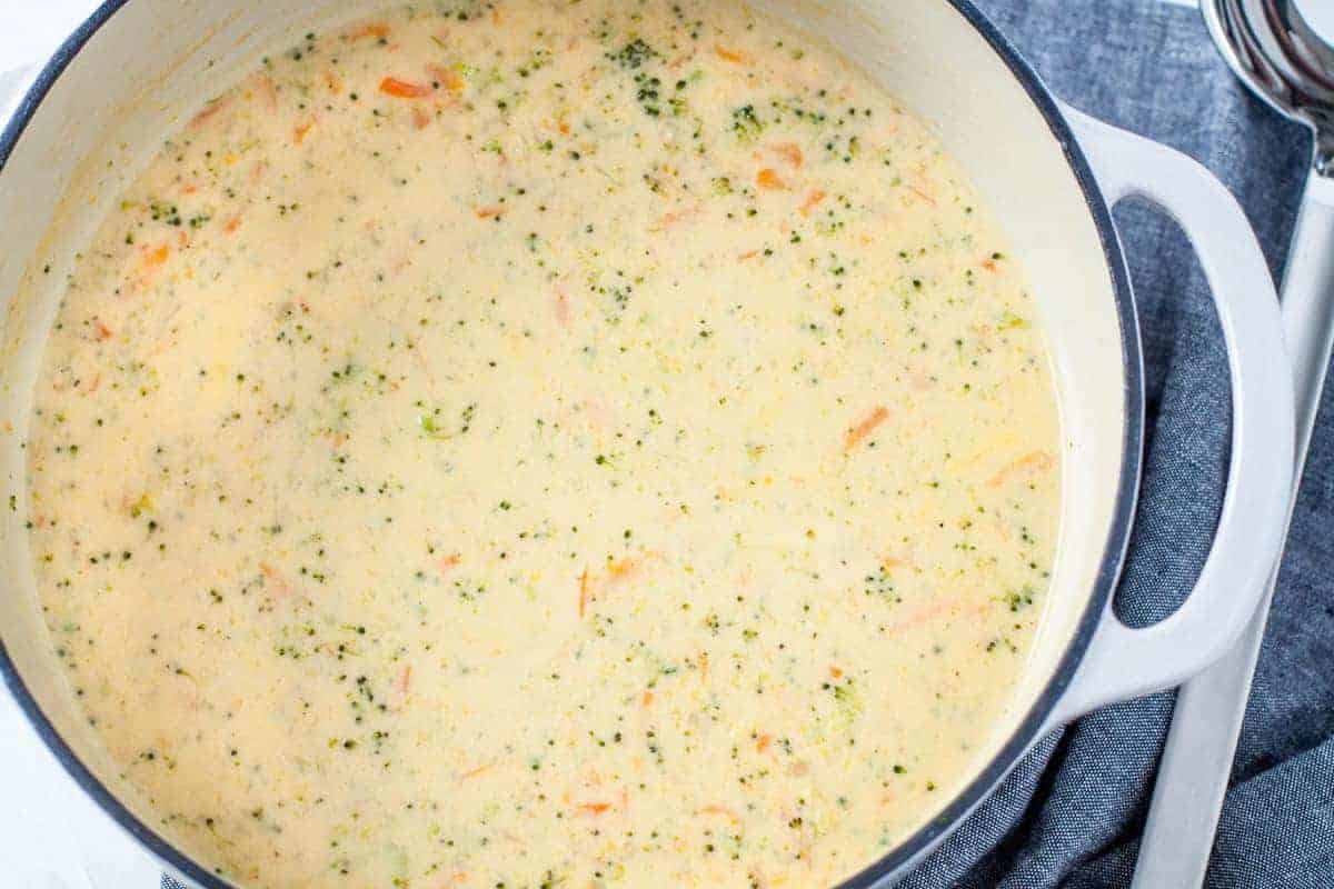 Finished pot of creamy broccoli cheese soup.