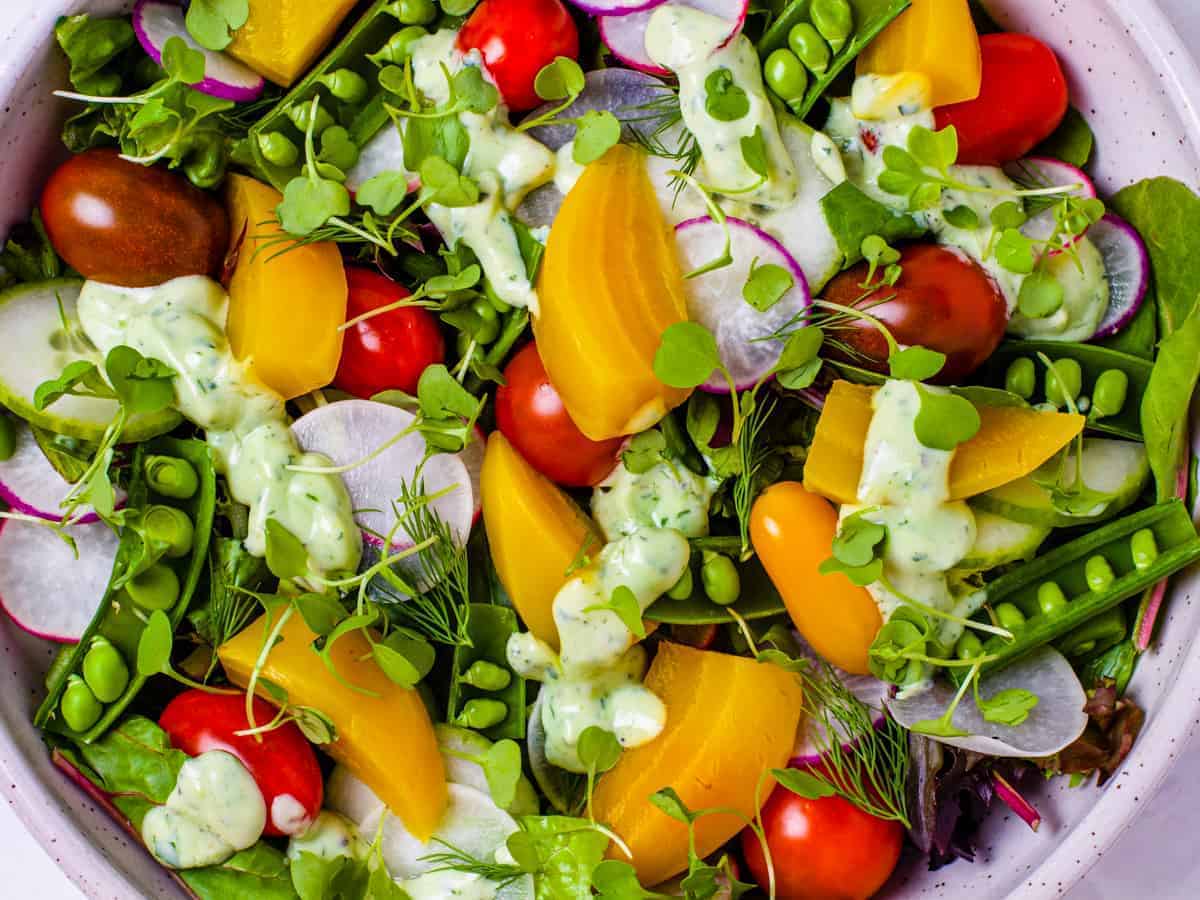 Over head picture of the salad served in a white earthenware bowl.