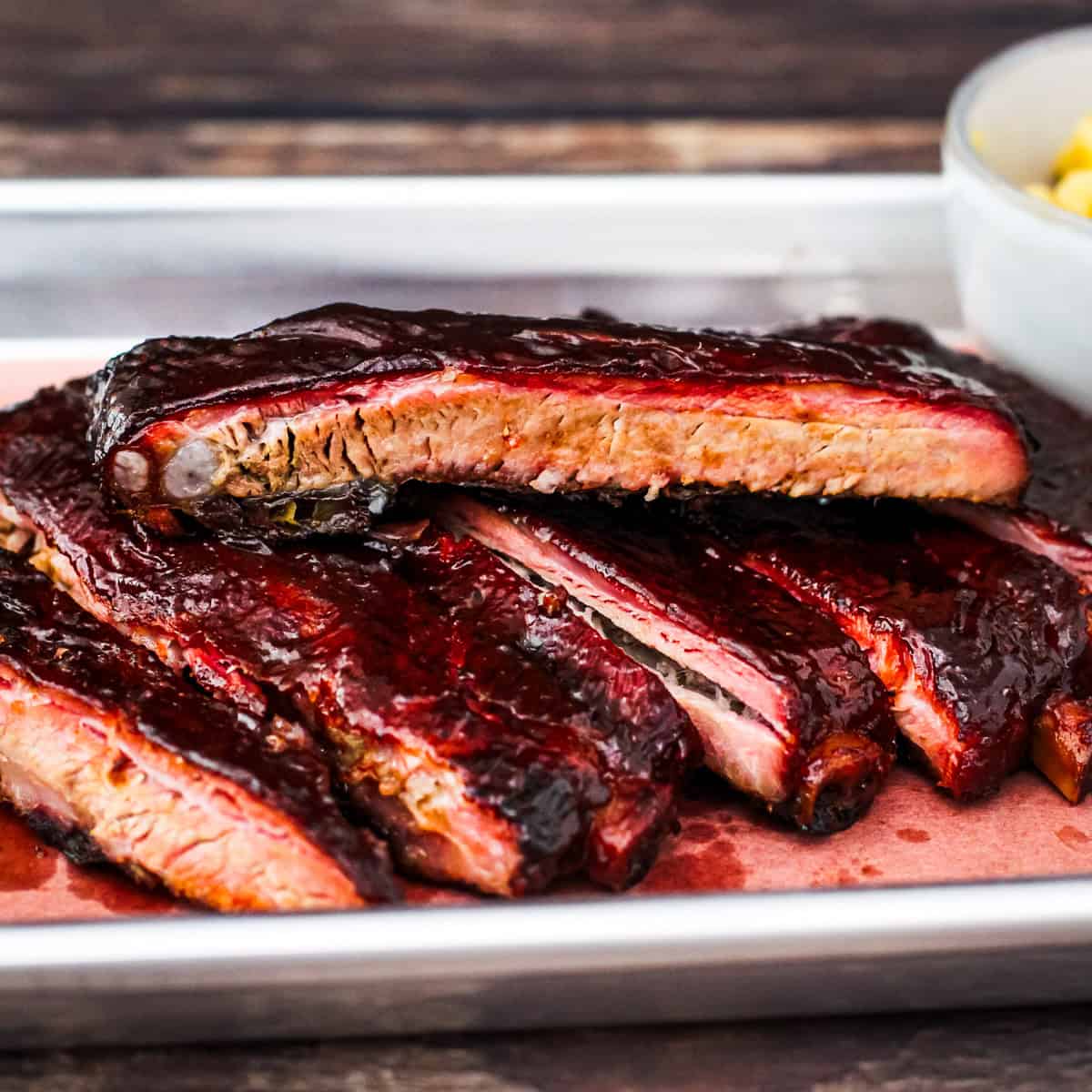 Smoke St. Louis Spare Ribs on a platter. 