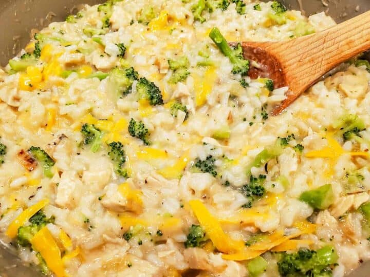 The rice, broccoli, chicken, and cheese are shown combined with the sauce.