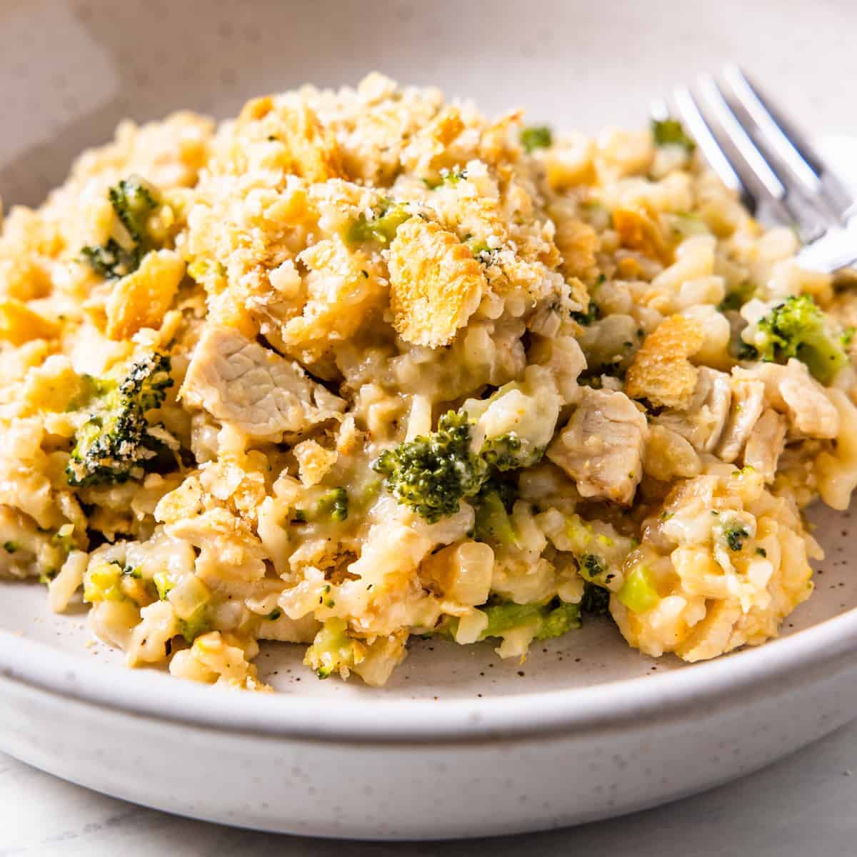 Close up image of a serving of chicken rice and broccoli casserole.