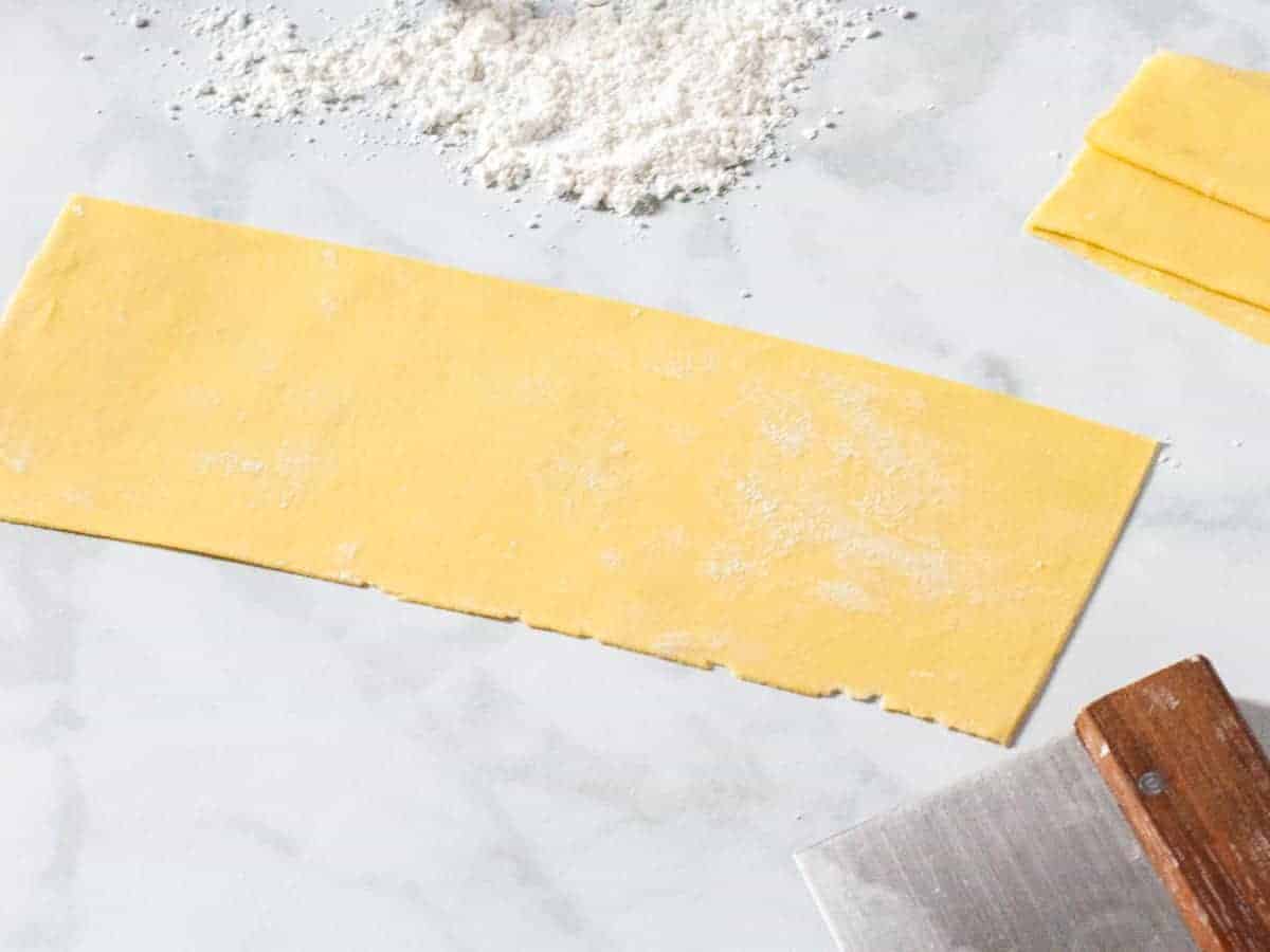 Homemade fresh pasta dough is shown rolled out and cut into lasagna noodles.