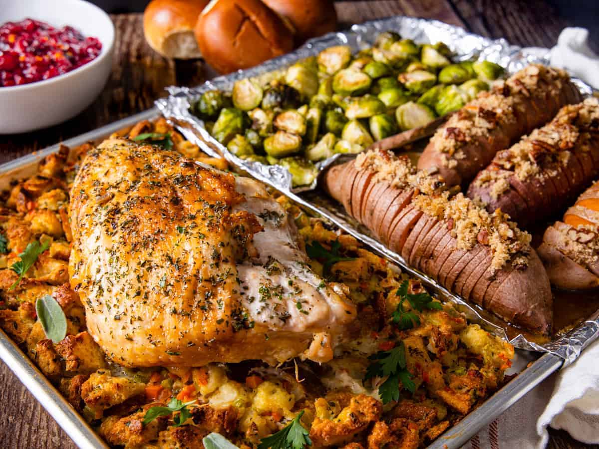 Side angle view of the sheet pan Thanksgiving dinner.