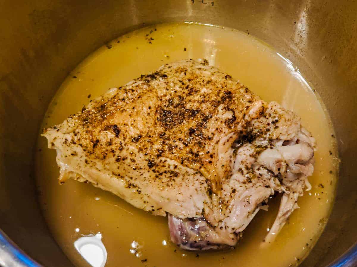 Cooked turkey breast shown in an Instant Pot.