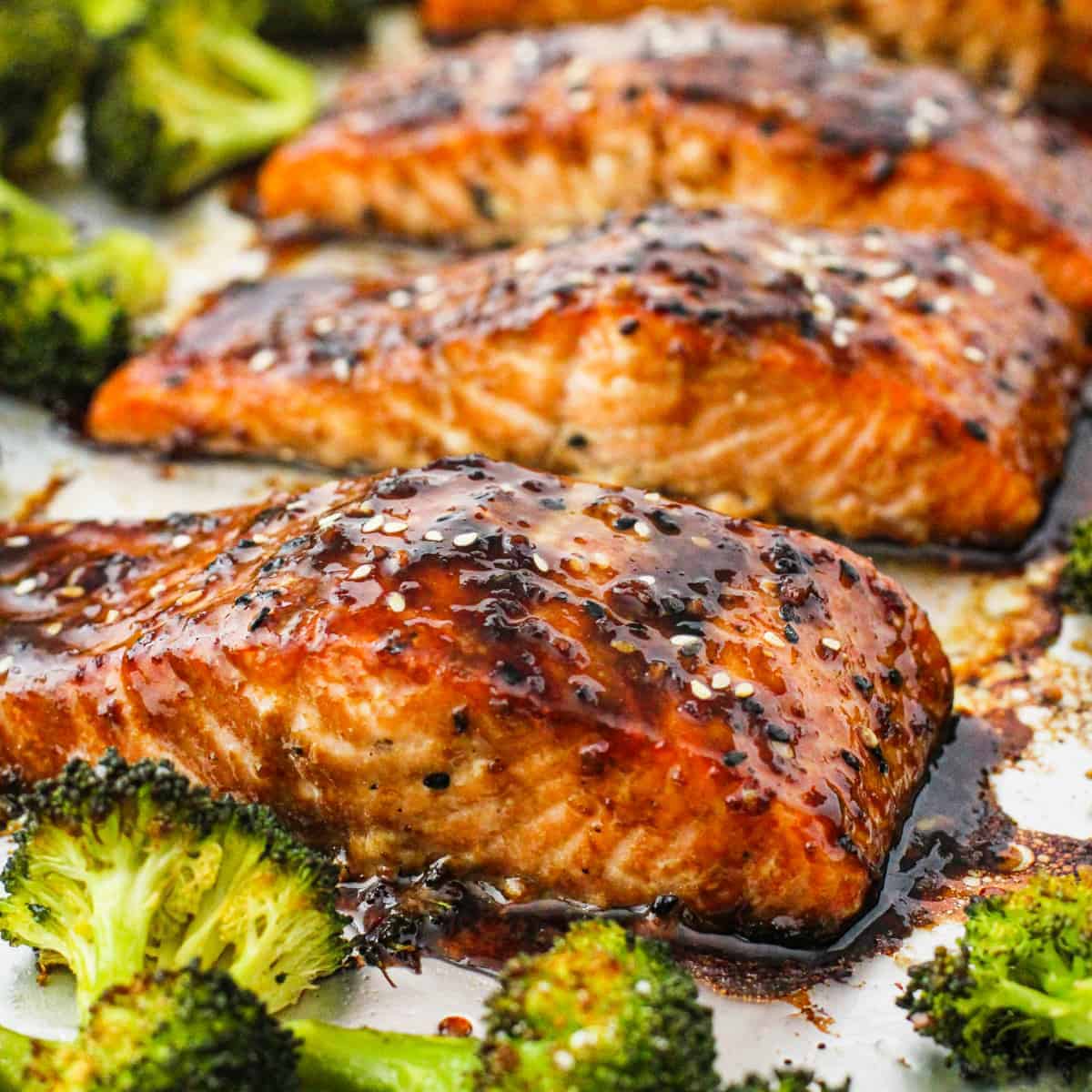 Salmon covered in soy ginger glaze with roasted broccoli.