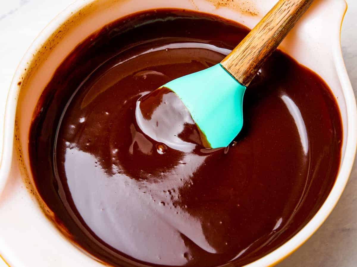 A bowl of silky smooth chocolate ganache.