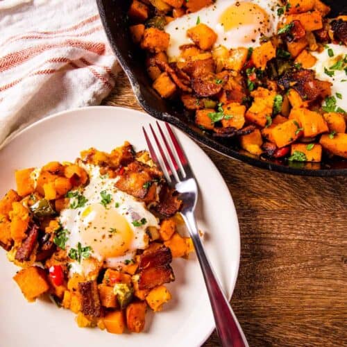 Sweet Potato Hash Egg Skillet with Microgreens