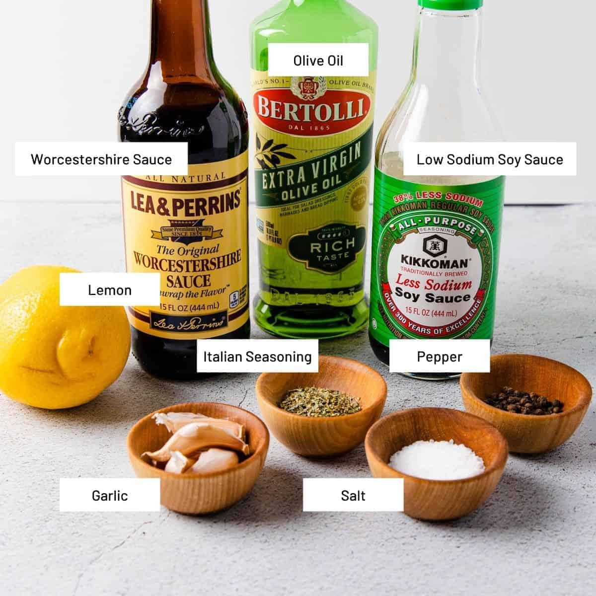 Ingredients for london broil marinade shown on a counter.