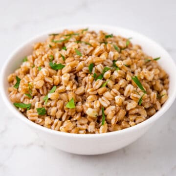 Close up of a bowl of farro.