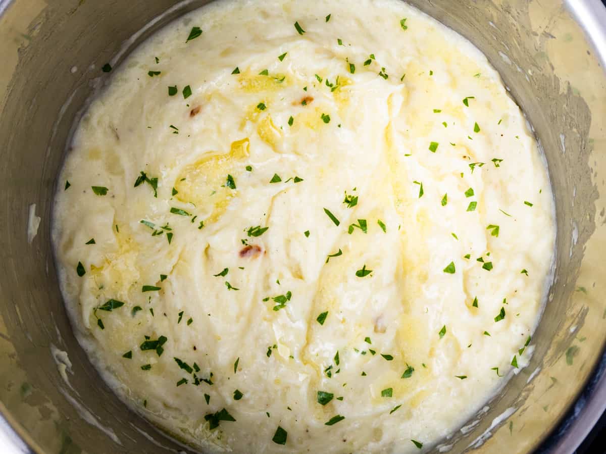 Finished garlic mashed potatoes shown in an Instant Pot.
