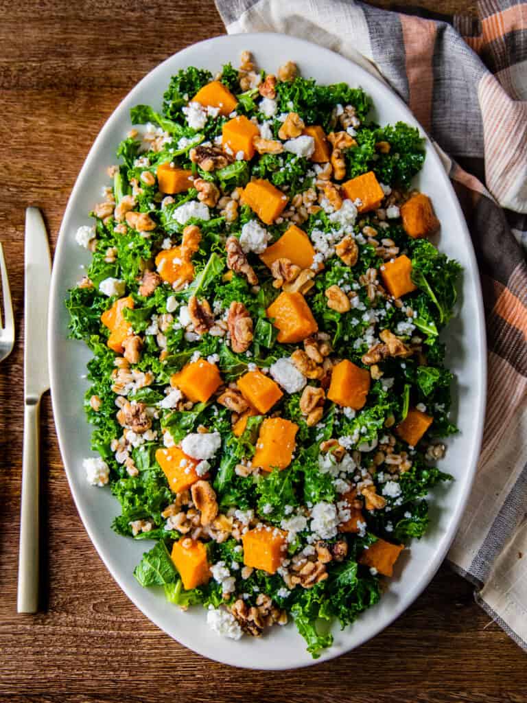 Kale And Farro Salad With Roasted Butternut Squash Dishes With Dad 8717