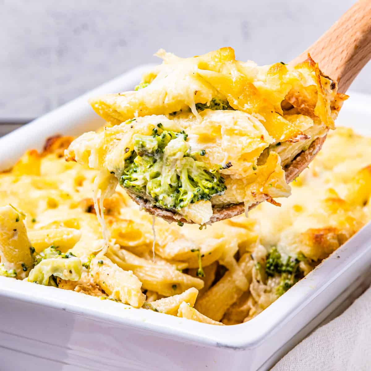 Close up of a spoonful of chicken and broccoli pasta.