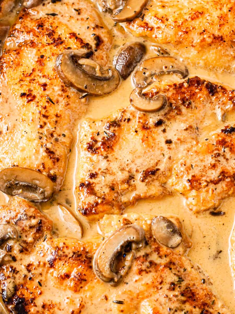 Close up of creamy chicken marsala in a skillet.