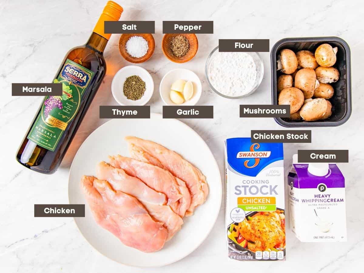 Ingredients for chicken marsala shown set on a counter.