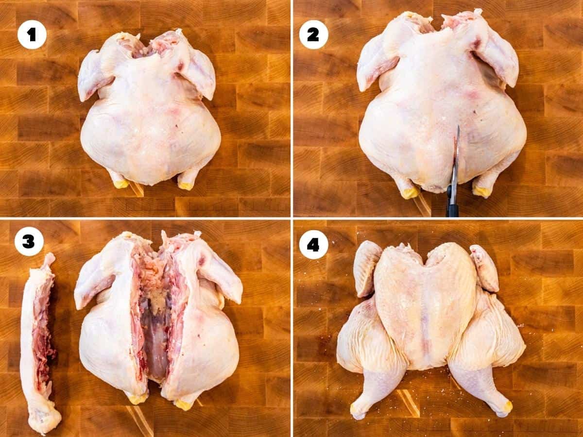 Photo collage showing the process of removing the backbone of a whole chicken, then spreading it apart to spatchcock it for faster cooking.