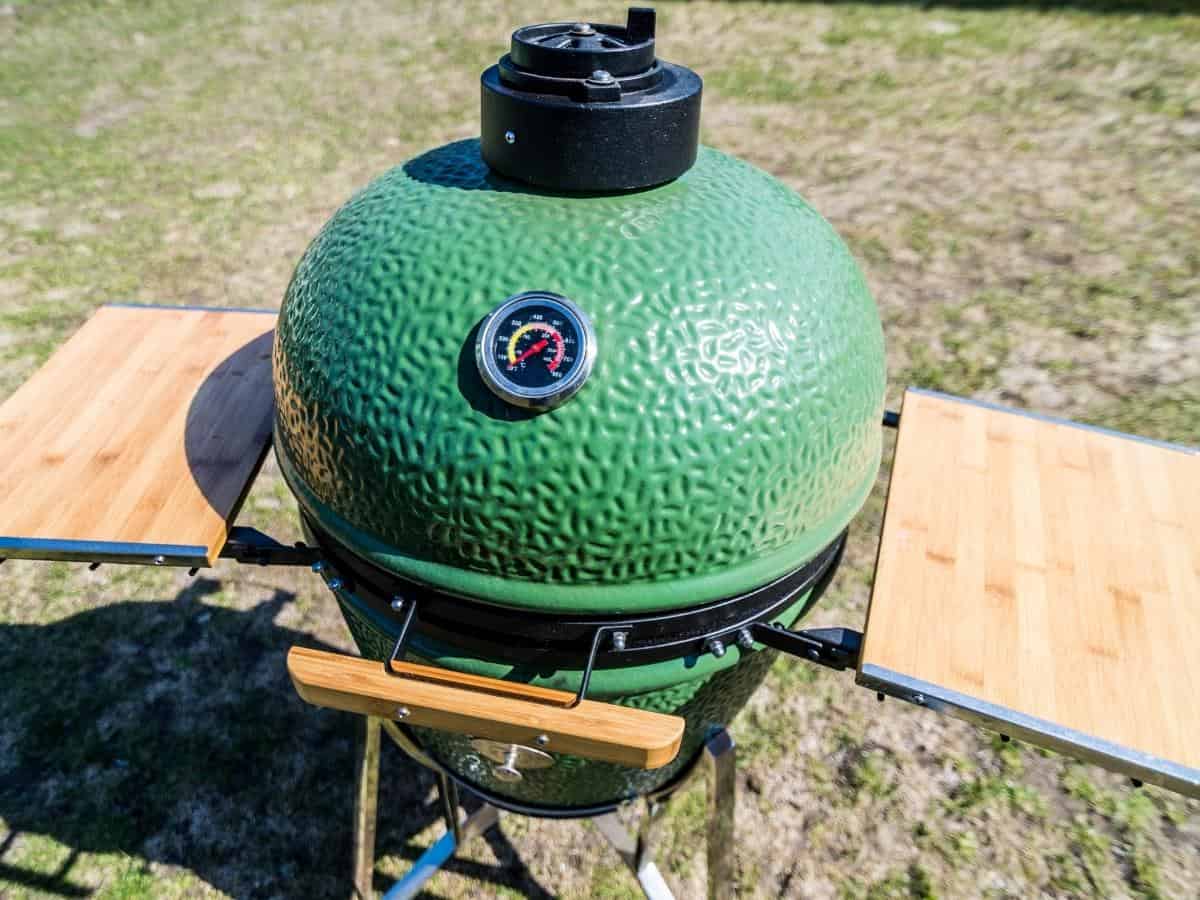 A Big Green egg kamado grill shown in a sunny backyard. 