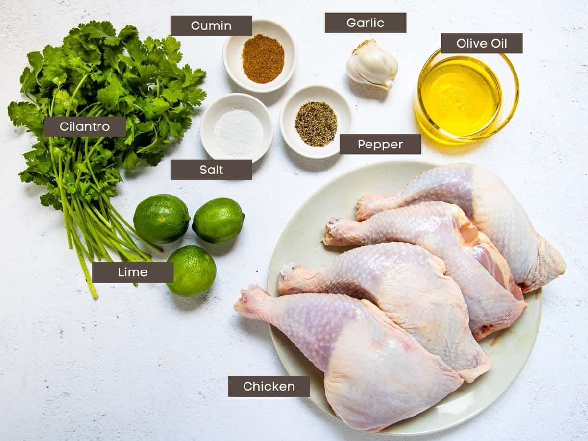 Ingredients for cilantro lime chicken shown arranged on a counter.
