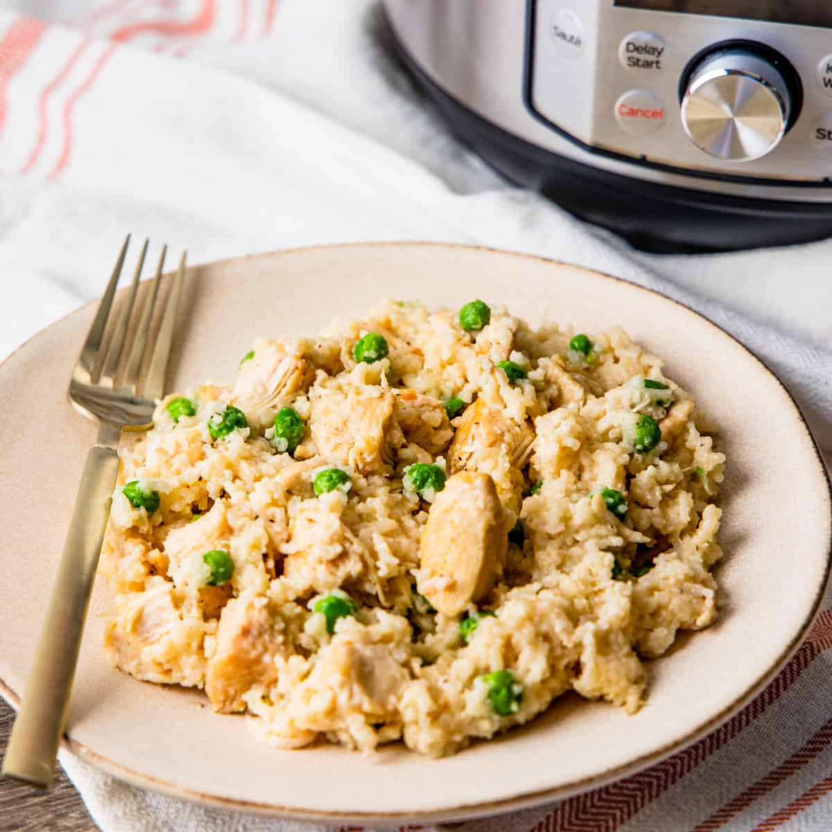 Chicken and rice served on a plate set next to an Instant Pot.