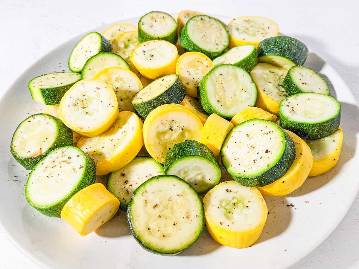 Squash and zucchini shown on a serving platter.