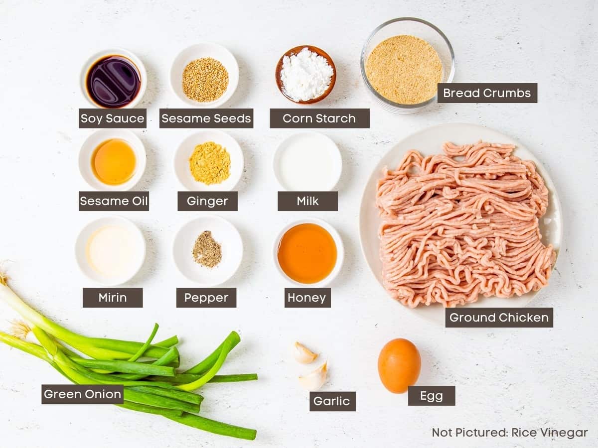 Ingredients for the Asian chicken meatballs are shown arranged on a countertop. 