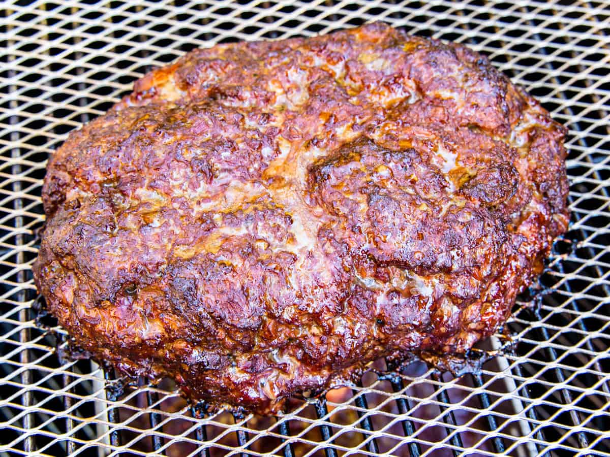 Meatloaf after cooking on a smoker, before adding the sauce topping.
