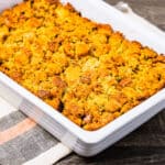 A large casserole dish of southern cornbread dressing.