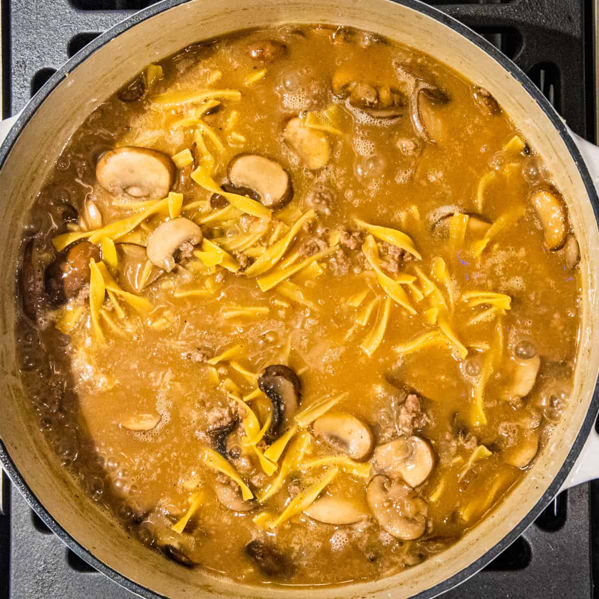 A dutch oven filled with ground beef, sauteéd mushrooms, egg noodles and beef stock simmering on a stove.