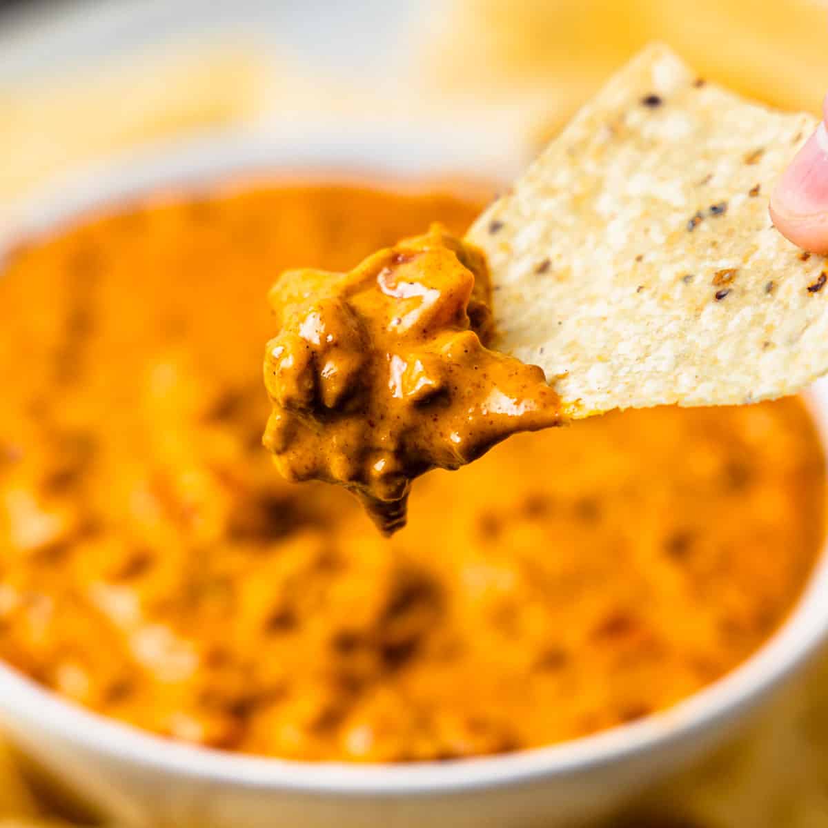 A tortilla chip with a scoop of chili cheese dip.