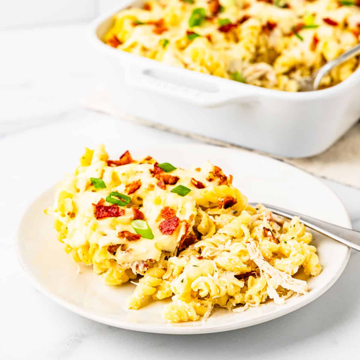 A serving of chicken bacon ranch pasta on a plate. 