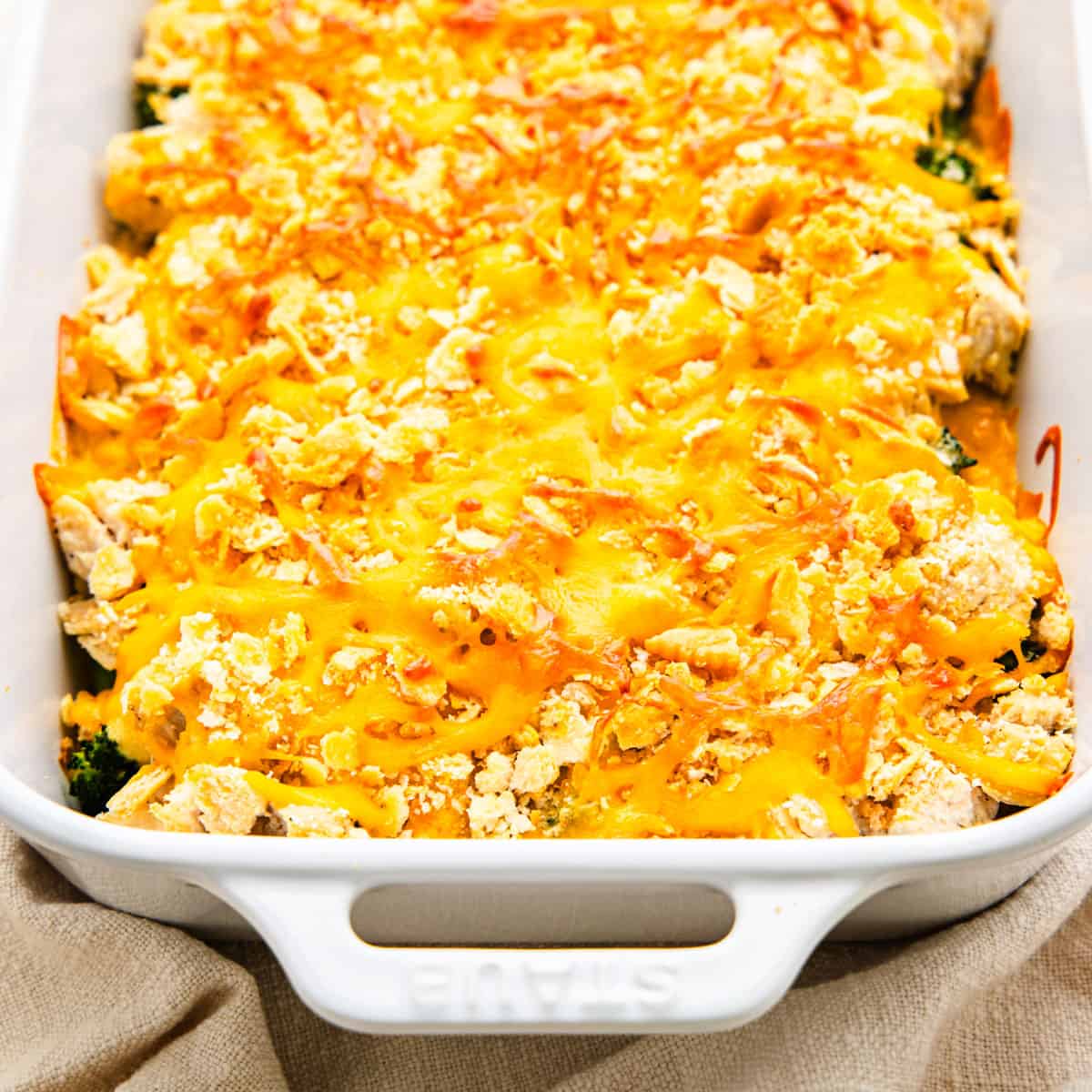 Baked chicken divan in a casserole dish.