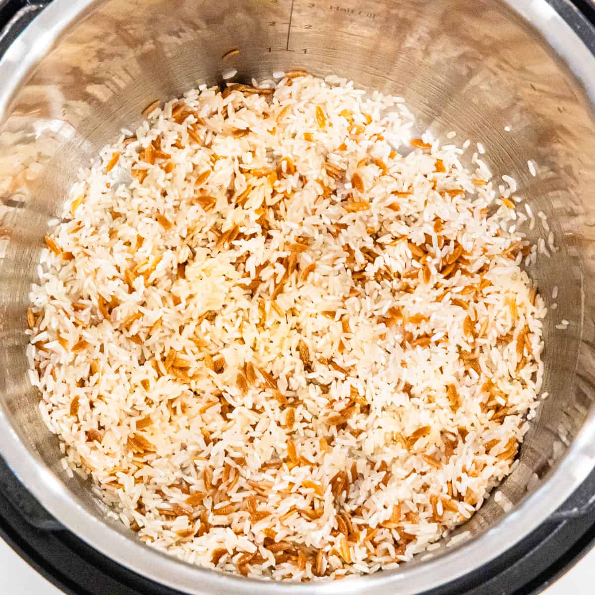 White rice and toasted orzo pasta in an Instant Pot.