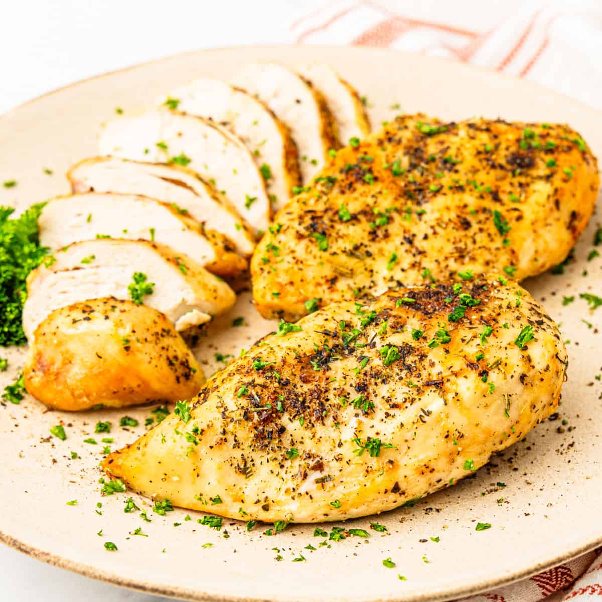 A plate of cooked chicken breasts. 