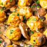 Chicken meatballs and mushrooms coated in marsala sauce.
