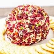 A cranberry and pecan crusted cheeseball served on a platter with crackers.