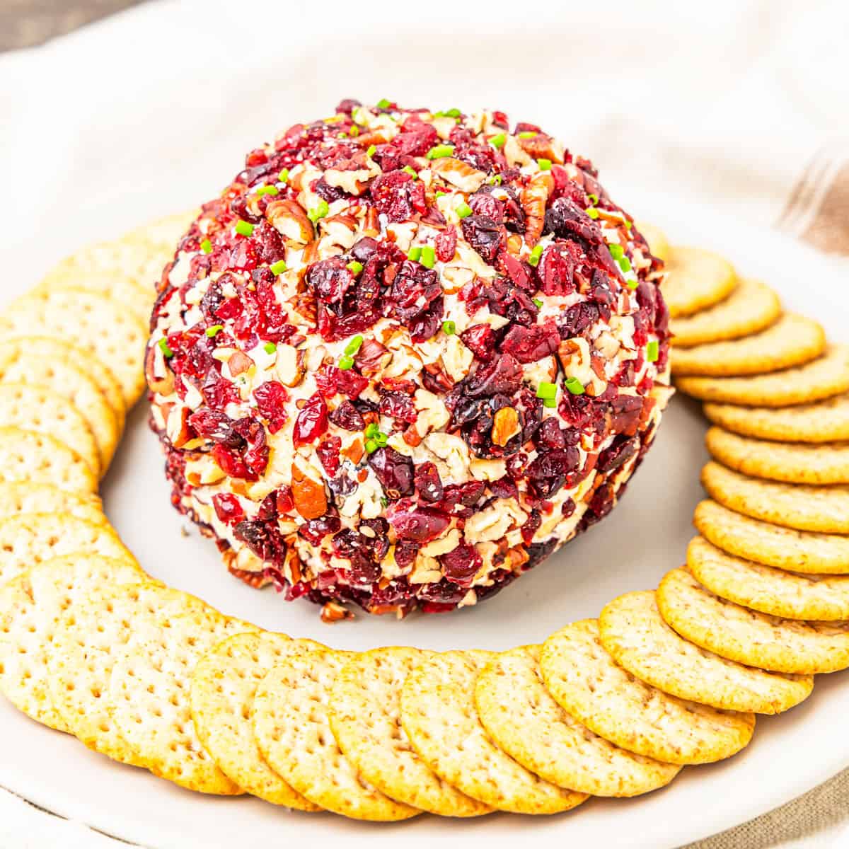 A cranberry pecan cheese ball served on a platter with crackers.