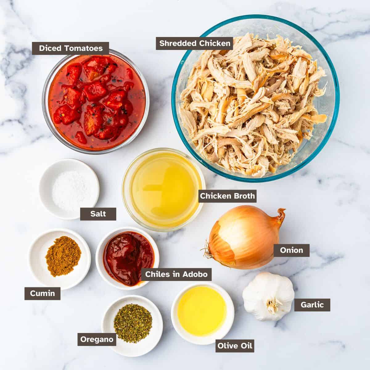 Ingredients for Chicken Tinga arranged on a countertop.
