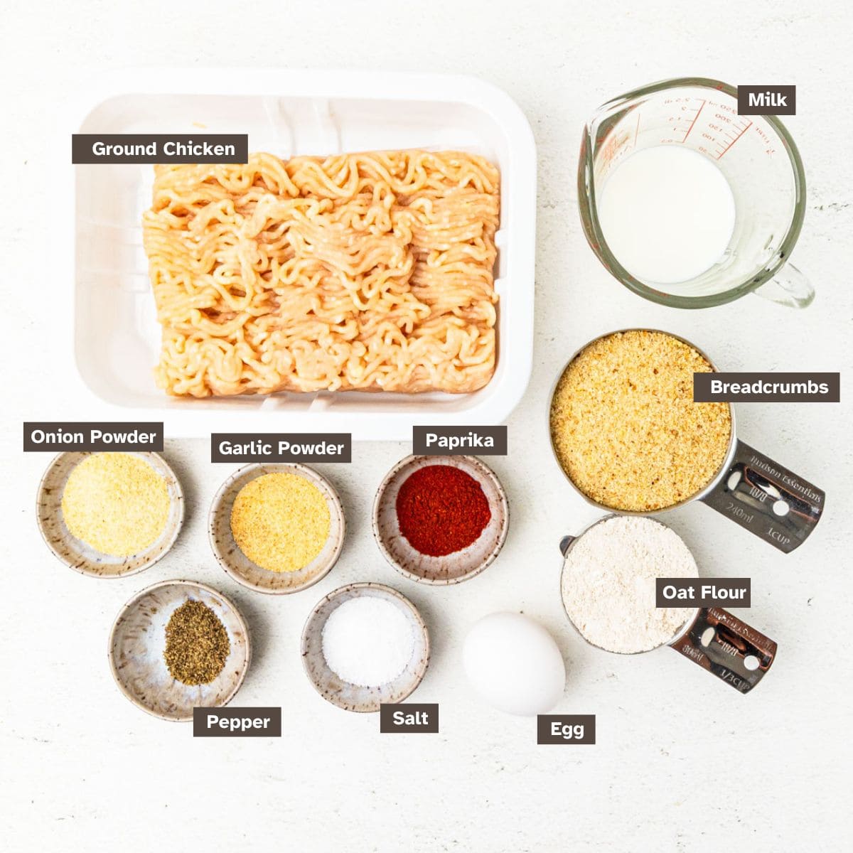 Ingredients for ground chicken nuggets arranged on a countertop.